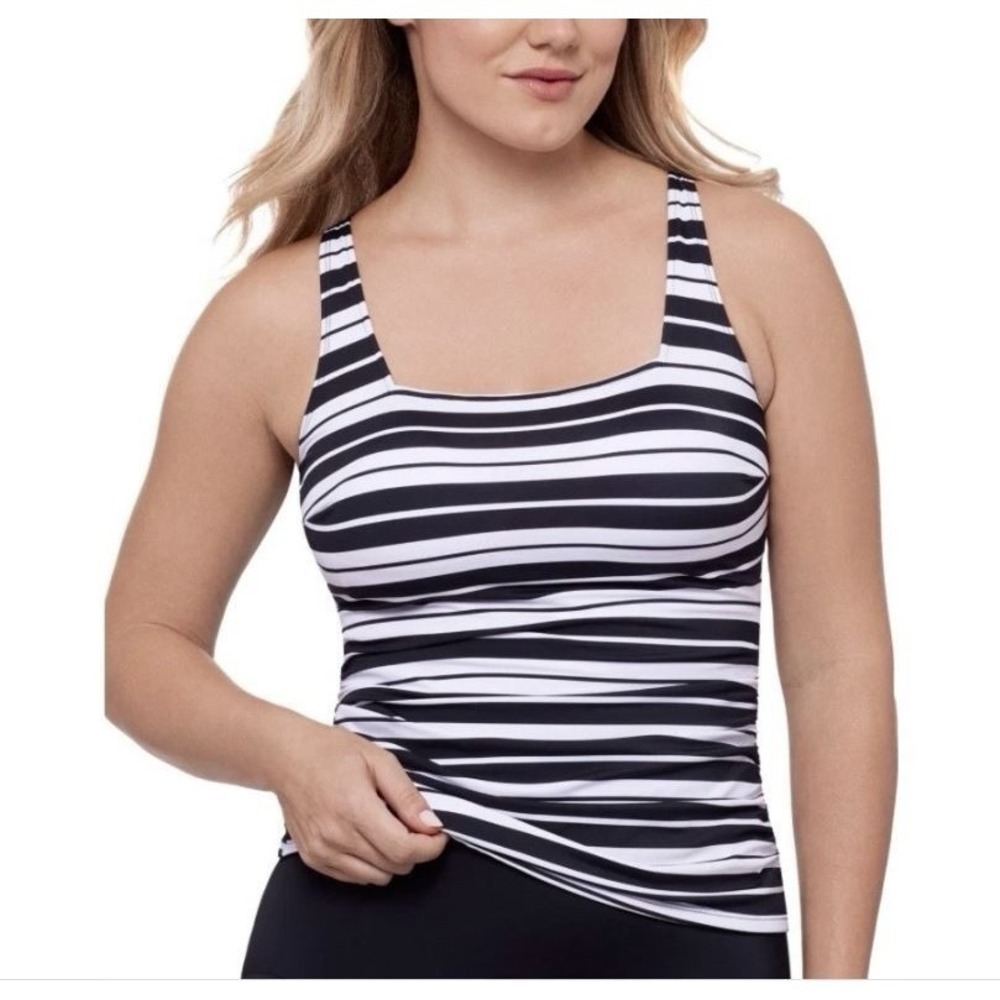 Swim Solutions Women's Striped Square Neck Tankini Top in Black/White Size 18‎